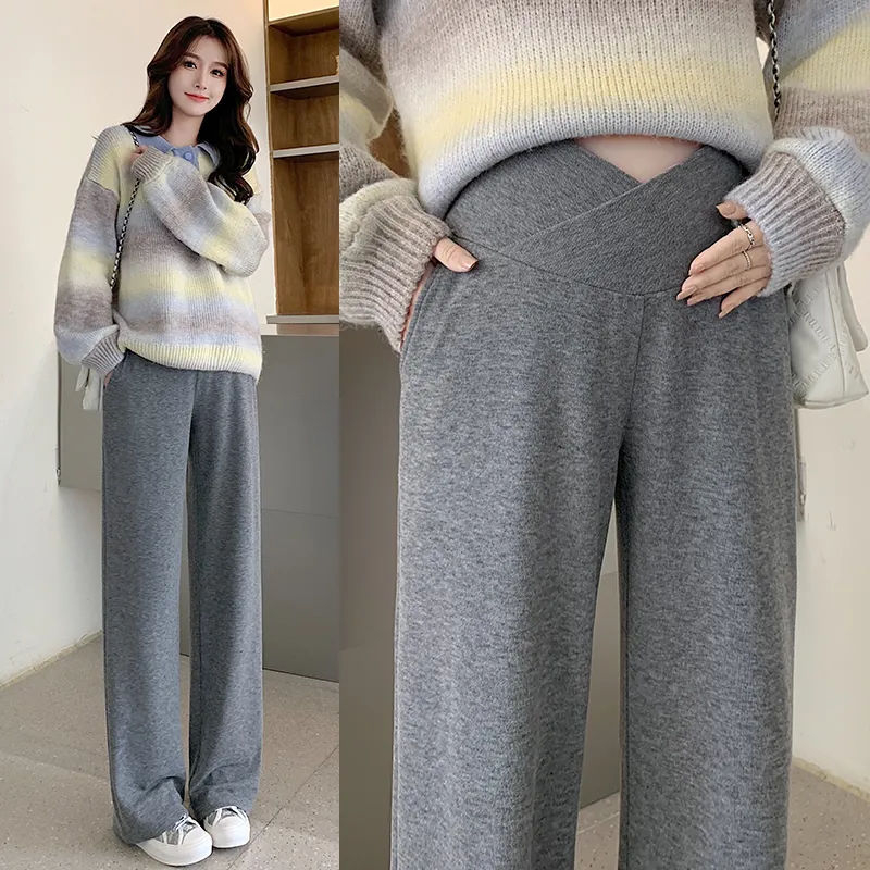 Παντελόνι εγκυμοσύνης με στήριξη κοιλιάς, ύφασμα Chenille, φαρδιά γραμμή, άνετο στυλ lounge, με μείγμα σπαντέξ