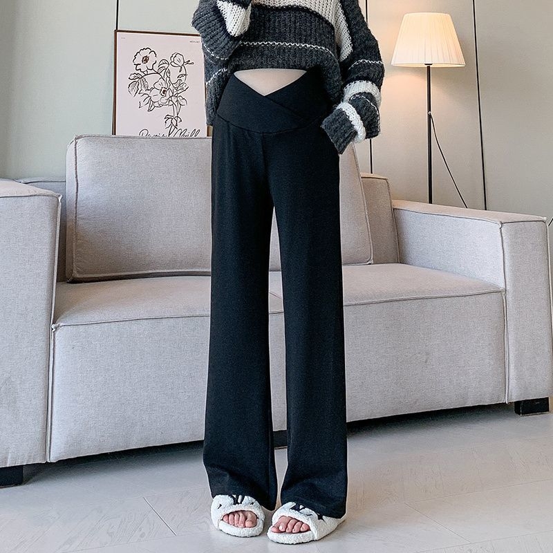 Παντελόνι εγκυμοσύνης με στήριξη κοιλιάς, ύφασμα Chenille, φαρδιά γραμμή, άνετο στυλ lounge, με μείγμα σπαντέξ