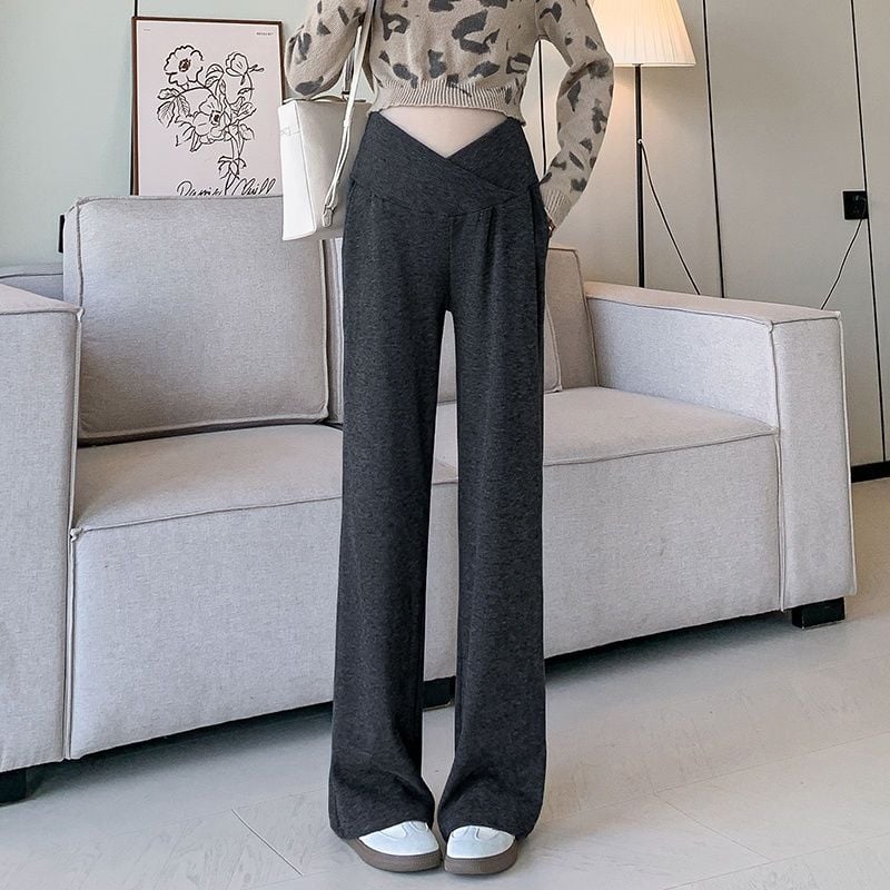 Παντελόνι εγκυμοσύνης με στήριξη κοιλιάς, ύφασμα Chenille, φαρδιά γραμμή, άνετο στυλ lounge, με μείγμα σπαντέξ