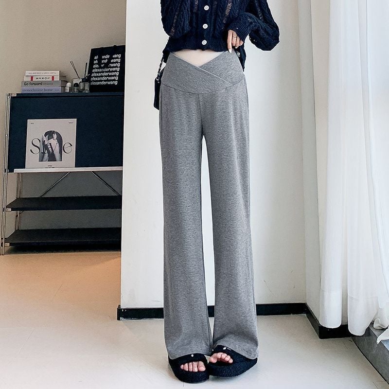 Παντελόνι εγκυμοσύνης με στήριξη κοιλιάς, ύφασμα Chenille, φαρδιά γραμμή, άνετο στυλ lounge, με μείγμα σπαντέξ