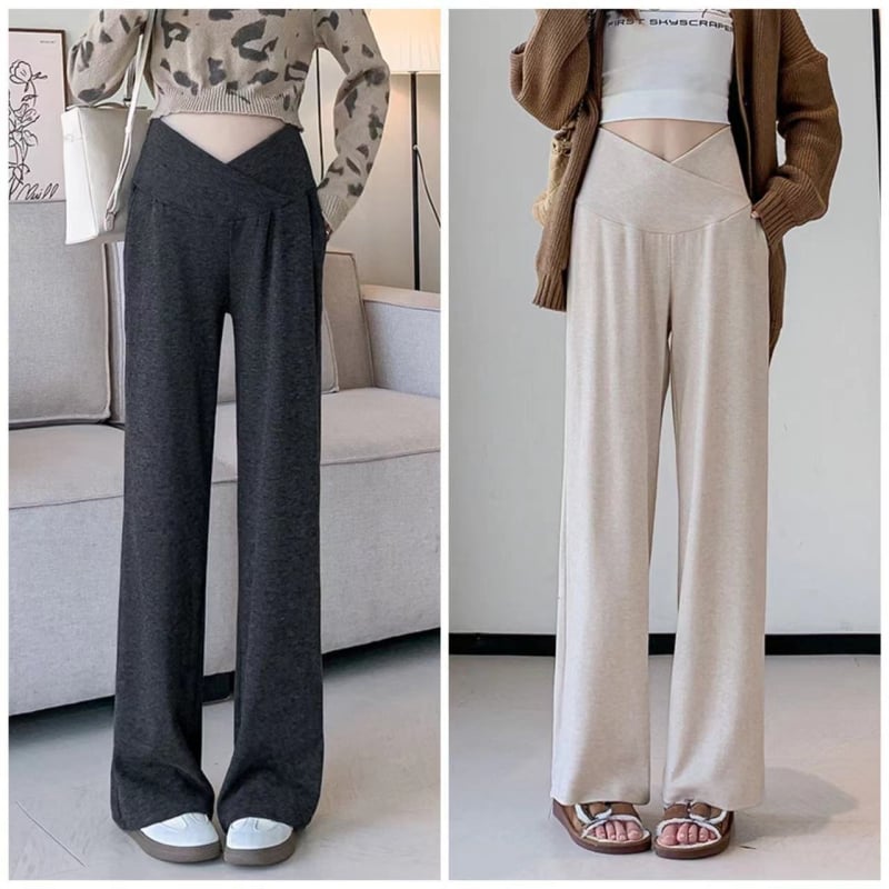 Παντελόνι εγκυμοσύνης με στήριξη κοιλιάς, ύφασμα Chenille, φαρδιά γραμμή, άνετο στυλ lounge, με μείγμα σπαντέξ