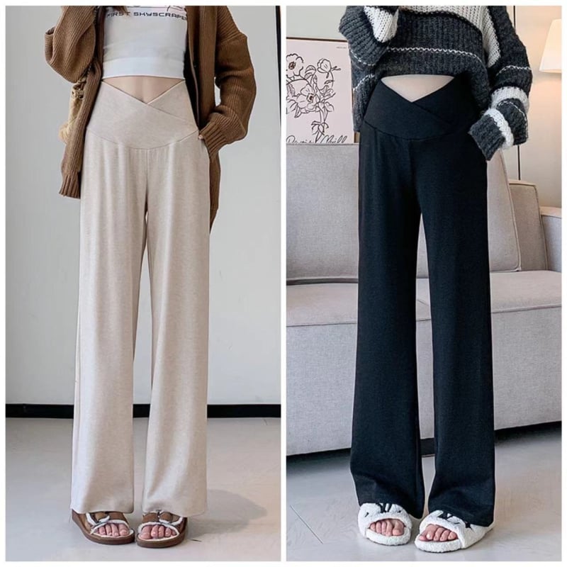 Παντελόνι εγκυμοσύνης με στήριξη κοιλιάς, ύφασμα Chenille, φαρδιά γραμμή, άνετο στυλ lounge, με μείγμα σπαντέξ