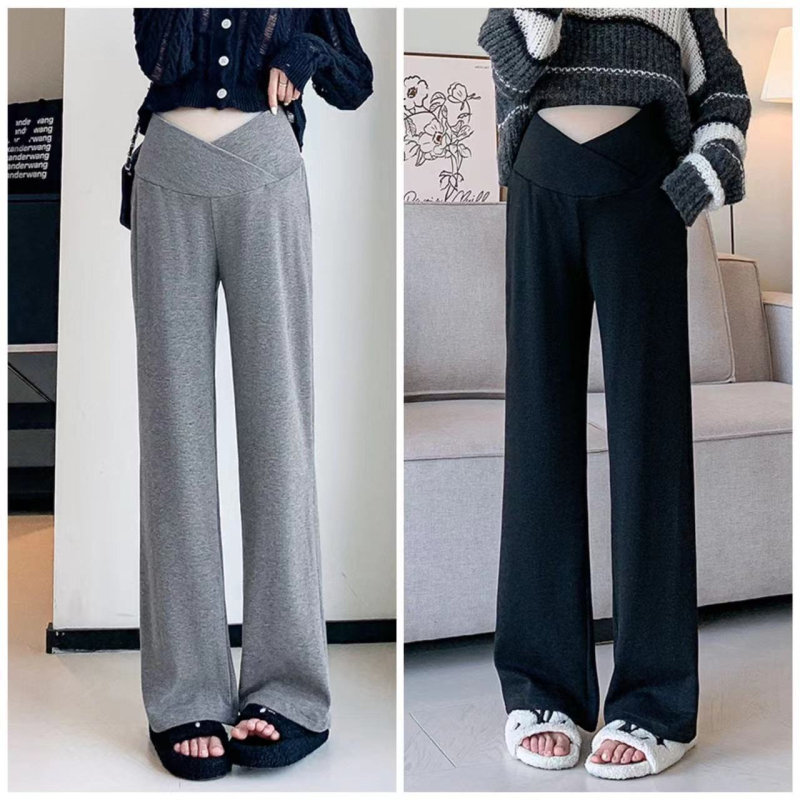 Παντελόνι εγκυμοσύνης με στήριξη κοιλιάς, ύφασμα Chenille, φαρδιά γραμμή, άνετο στυλ lounge, με μείγμα σπαντέξ