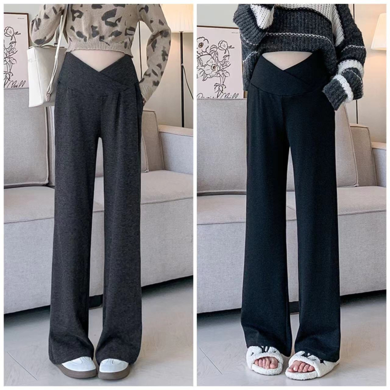 Παντελόνι εγκυμοσύνης με στήριξη κοιλιάς, ύφασμα Chenille, φαρδιά γραμμή, άνετο στυλ lounge, με μείγμα σπαντέξ