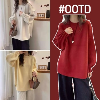 Γυναικείο τοπ εγκυμοσύνης πλεκτό, μονόχρωμο σχέδιο, βαμβακερό ύφασμα, μακριά μανίκια, ιαπωνο-κορεάτικό χαλαρό στυλ