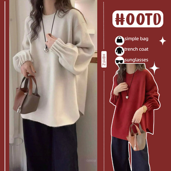 Γυναικείο τοπ εγκυμοσύνης πλεκτό, μονόχρωμο σχέδιο, βαμβακερό ύφασμα, μακριά μανίκια, ιαπωνο-κορεάτικό χαλαρό στυλ