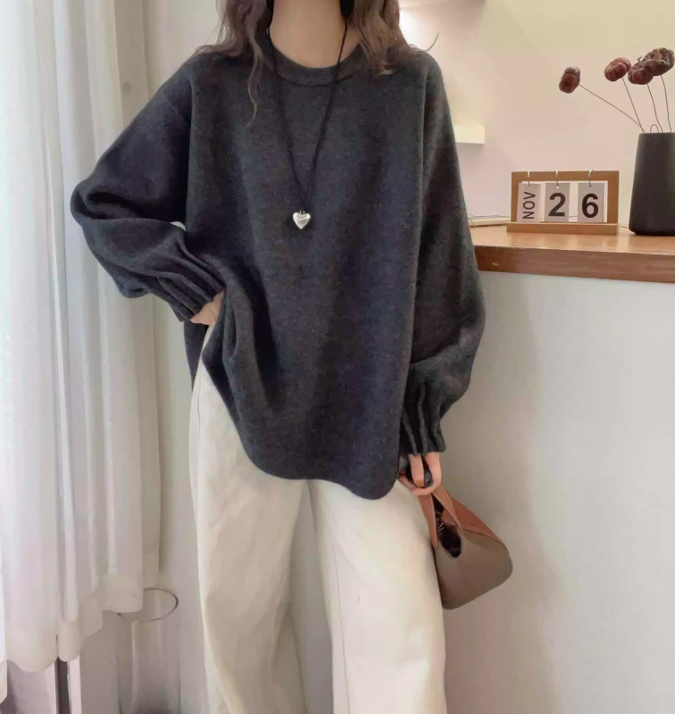 Γυναικείο τοπ εγκυμοσύνης πλεκτό, μονόχρωμο σχέδιο, βαμβακερό ύφασμα, μακριά μανίκια, ιαπωνο-κορεάτικό χαλαρό στυλ