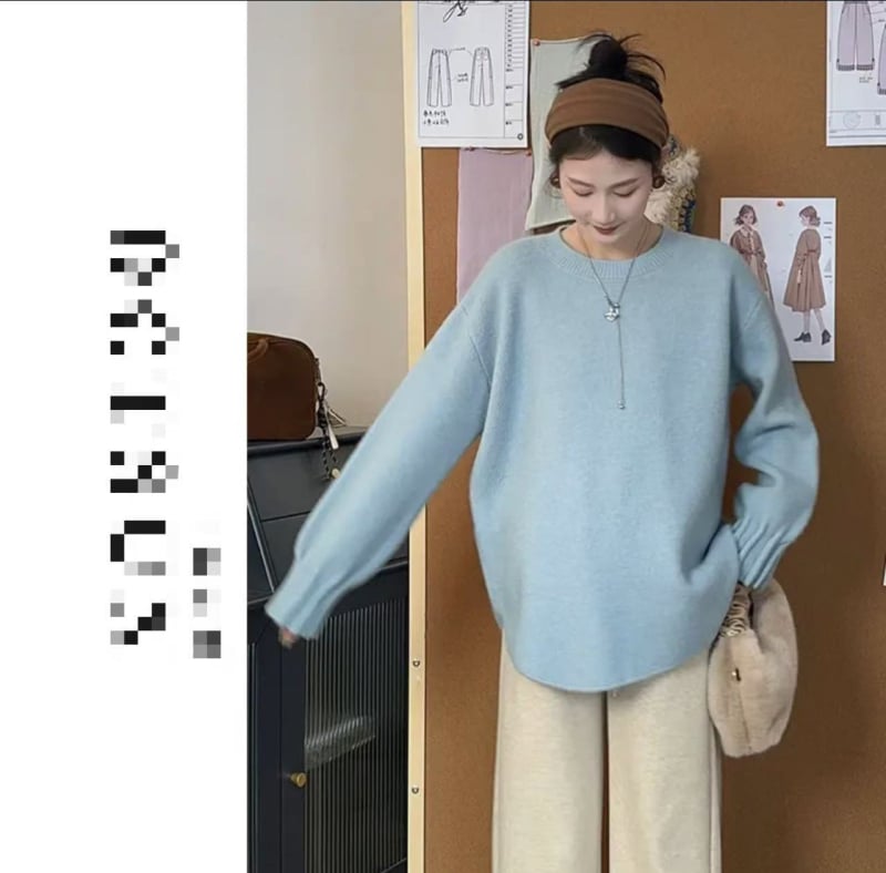 Γυναικείο τοπ εγκυμοσύνης πλεκτό, μονόχρωμο σχέδιο, βαμβακερό ύφασμα, μακριά μανίκια, ιαπωνο-κορεάτικό χαλαρό στυλ