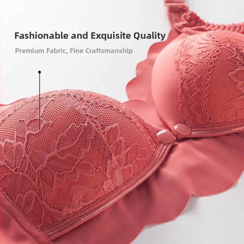 Dojčenská podprsenka po pôrode — predné otvorenie s prackou na chrbte, vzadu štyri rady spon, tenké tvarované košíčky, nylonový materiál s bavlnenou podšívkou