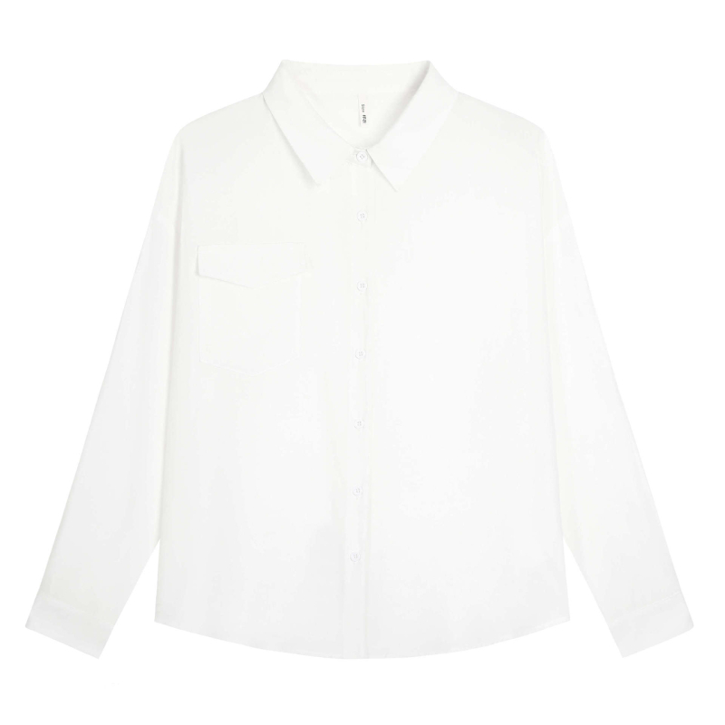 Γυναικείο μακρυμάνικο πόλο πουκάμισο με λεπτομέρεια patchwork, ύφασμα βισκόζη (50–70% βισκόζη), ελαφρώς φαρδιά γραμμή