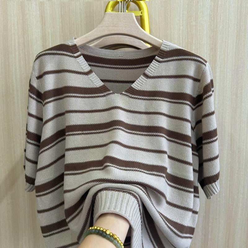 Πλεκτό τοπ με V-λαιμό, ριγέ σχέδιο, φαρδιά γραμμή, μανίκι τύπου bullhorn, chenille ύφασμα με ελαστικό <30%