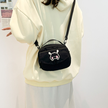 Geantă crossbody din corduroy, formă pătrată orizontală, închidere cu fermoar, buzunar pentru telefon mobil, curea de umăr simplă