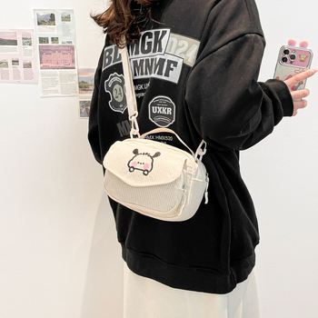 Geantă crossbody din corduroy, formă pătrată orizontală, închidere cu fermoar, buzunar pentru telefon mobil, curea de umăr simplă