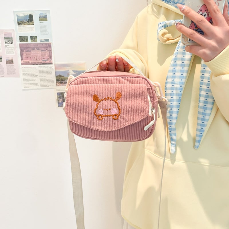 Geantă crossbody din corduroy, formă pătrată orizontală, închidere cu fermoar, buzunar pentru telefon mobil, curea de umăr simplă