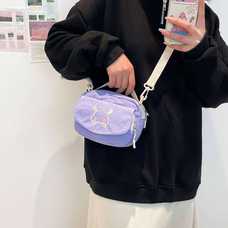 Geantă crossbody din corduroy, formă pătrată orizontală, închidere cu fermoar, buzunar pentru telefon mobil, curea de umăr simplă