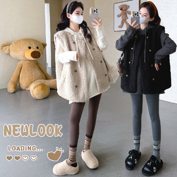 Σετ μητρότητας: πλεκτό πουλόβερ με κουκούλα και γιλέκο, μακριά μανίκια, μονόχρωμο μείγμα πολυεστέρα-ακρυλικού, χωρίς σιδέρωμα, ιαπωνο-κορεατικό στυλ χαλάρωσης, φθινόπωρο 2025