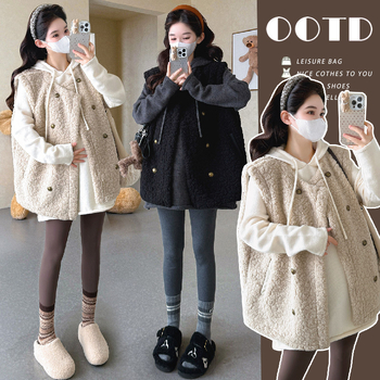 Σετ μητρότητας: πλεκτό πουλόβερ με κουκούλα και γιλέκο, μακριά μανίκια, μονόχρωμο μείγμα πολυεστέρα-ακρυλικού, χωρίς σιδέρωμα, ιαπωνο-κορεατικό στυλ χαλάρωσης, φθινόπωρο 2025