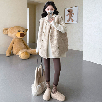 Σετ μητρότητας: πλεκτό πουλόβερ με κουκούλα και γιλέκο, μακριά μανίκια, μονόχρωμο μείγμα πολυεστέρα-ακρυλικού, χωρίς σιδέρωμα, ιαπωνο-κορεατικό στυλ χαλάρωσης, φθινόπωρο 2025