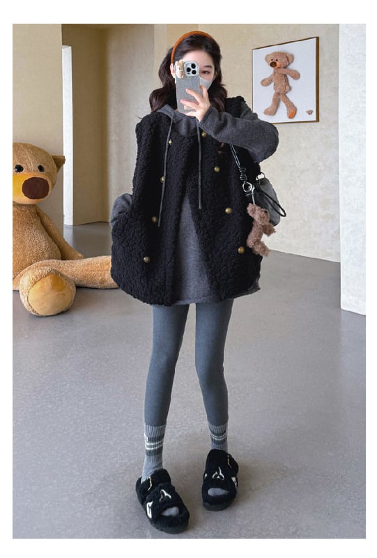 Σετ μητρότητας: πλεκτό πουλόβερ με κουκούλα και γιλέκο, μακριά μανίκια, μονόχρωμο μείγμα πολυεστέρα-ακρυλικού, χωρίς σιδέρωμα, ιαπωνο-κορεατικό στυλ χαλάρωσης, φθινόπωρο 2025