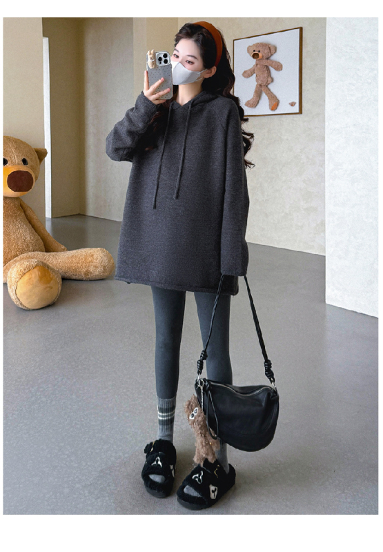 Σετ μητρότητας: πλεκτό πουλόβερ με κουκούλα και γιλέκο, μακριά μανίκια, μονόχρωμο μείγμα πολυεστέρα-ακρυλικού, χωρίς σιδέρωμα, ιαπωνο-κορεατικό στυλ χαλάρωσης, φθινόπωρο 2025