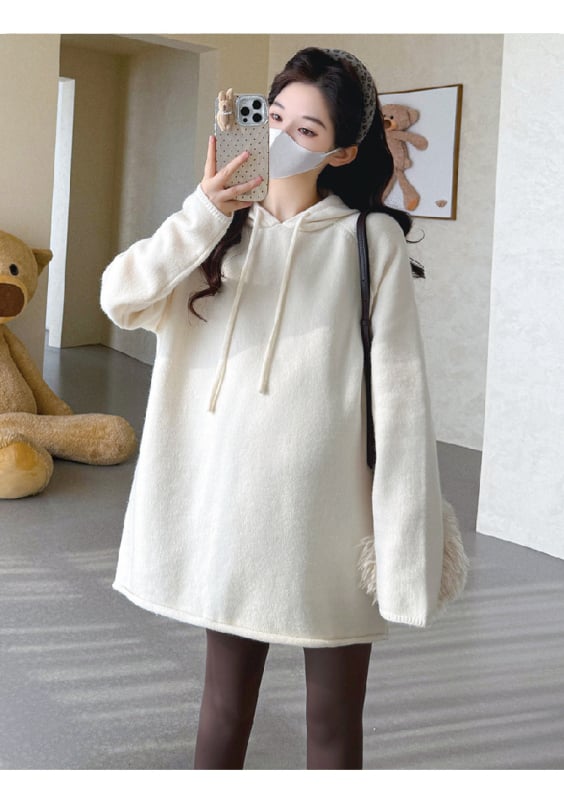 Σετ μητρότητας: πλεκτό πουλόβερ με κουκούλα και γιλέκο, μακριά μανίκια, μονόχρωμο μείγμα πολυεστέρα-ακρυλικού, χωρίς σιδέρωμα, ιαπωνο-κορεατικό στυλ χαλάρωσης, φθινόπωρο 2025