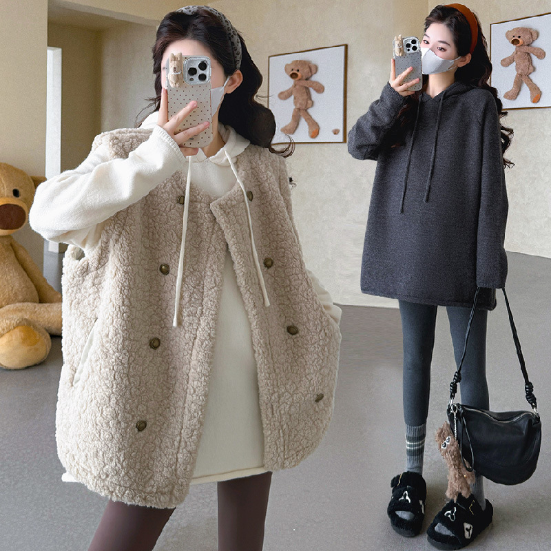 Σετ μητρότητας: πλεκτό πουλόβερ με κουκούλα και γιλέκο, μακριά μανίκια, μονόχρωμο μείγμα πολυεστέρα-ακρυλικού, χωρίς σιδέρωμα, ιαπωνο-κορεατικό στυλ χαλάρωσης, φθινόπωρο 2025