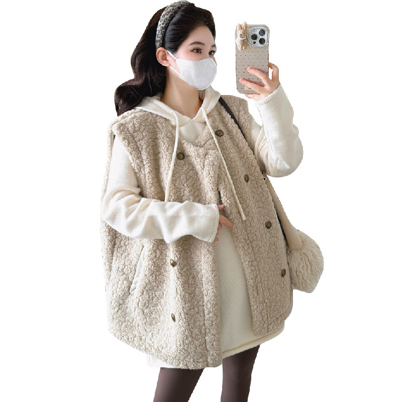 Σετ μητρότητας: πλεκτό πουλόβερ με κουκούλα και γιλέκο, μακριά μανίκια, μονόχρωμο μείγμα πολυεστέρα-ακρυλικού, χωρίς σιδέρωμα, ιαπωνο-κορεατικό στυλ χαλάρωσης, φθινόπωρο 2025