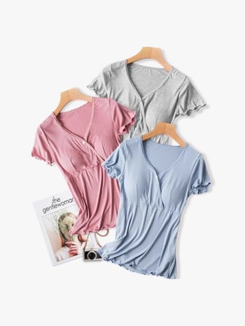 Σετ πιτζάμες εγκύου με θηλασμό, κοντό μανίκι, V-λαιμόκοψη, άνοιγμα για θηλασμό, 90–95% ινών επαναγεννημένης κυτταρίνης, καλοκαιρινό στυλ