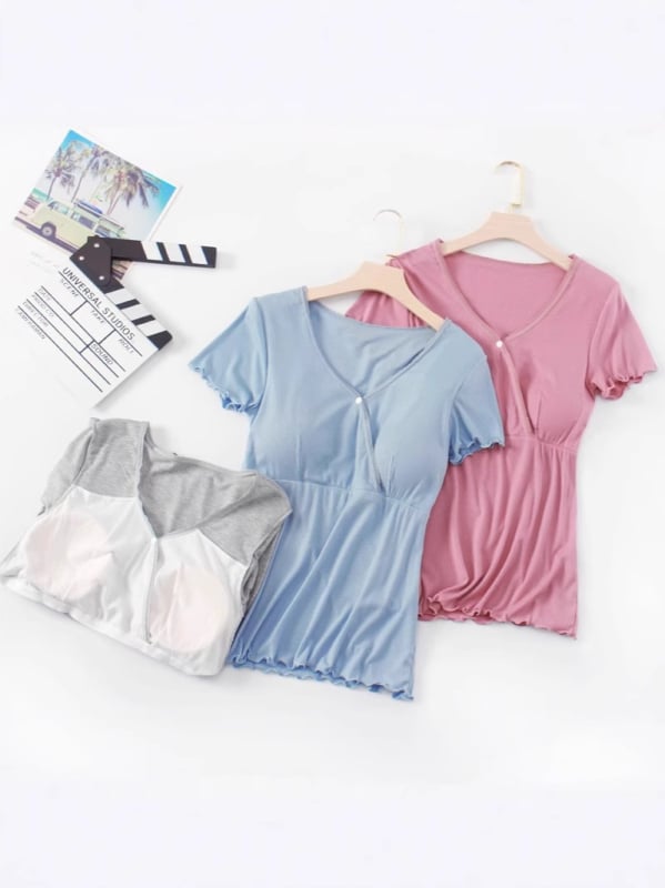 Σετ πιτζάμες εγκύου με θηλασμό, κοντό μανίκι, V-λαιμόκοψη, άνοιγμα για θηλασμό, 90–95% ινών επαναγεννημένης κυτταρίνης, καλοκαιρινό στυλ