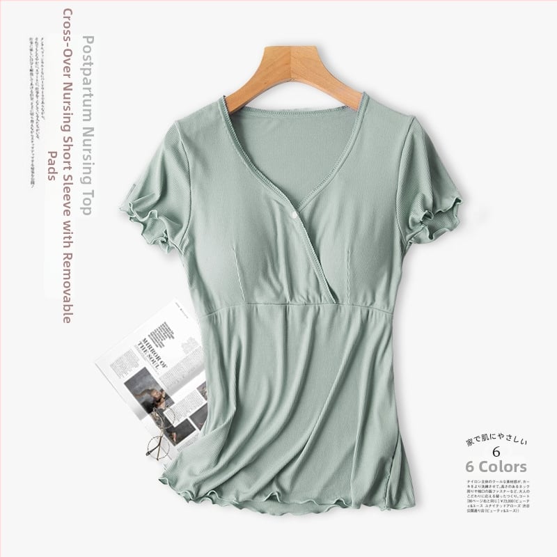 Σετ πιτζάμες εγκύου με θηλασμό, κοντό μανίκι, V-λαιμόκοψη, άνοιγμα για θηλασμό, 90–95% ινών επαναγεννημένης κυτταρίνης, καλοκαιρινό στυλ