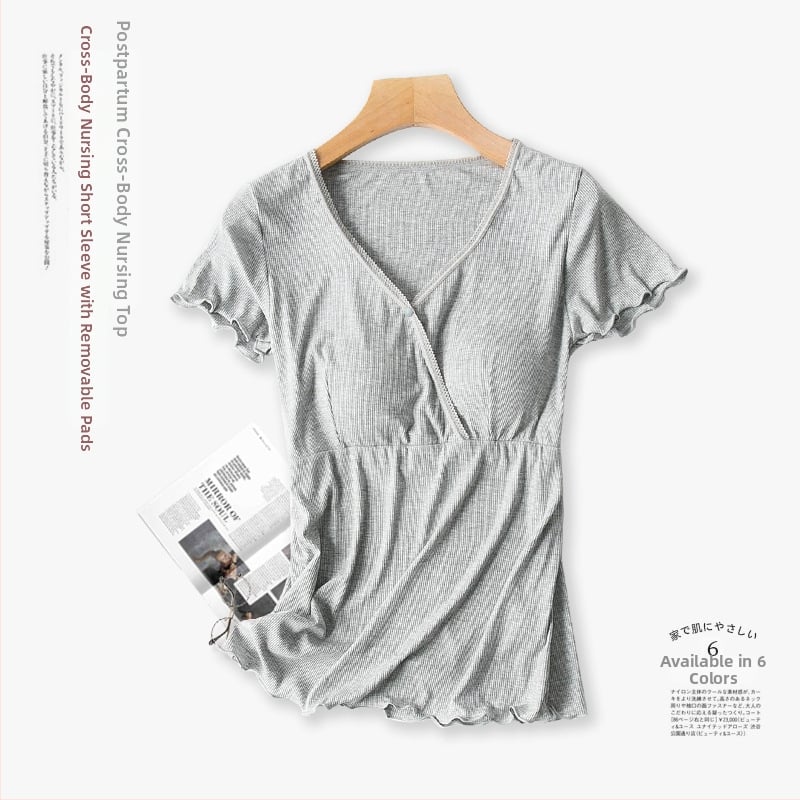 Σετ πιτζάμες εγκύου με θηλασμό, κοντό μανίκι, V-λαιμόκοψη, άνοιγμα για θηλασμό, 90–95% ινών επαναγεννημένης κυτταρίνης, καλοκαιρινό στυλ