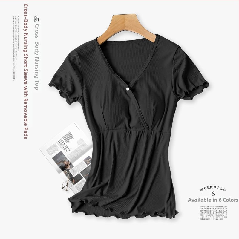 Σετ πιτζάμες εγκύου με θηλασμό, κοντό μανίκι, V-λαιμόκοψη, άνοιγμα για θηλασμό, 90–95% ινών επαναγεννημένης κυτταρίνης, καλοκαιρινό στυλ