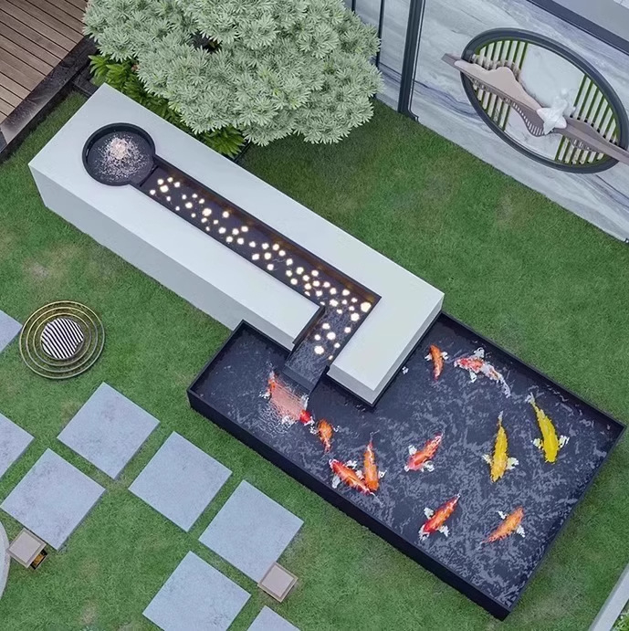 Element decorativ din oțel inoxidabil pentru iaz cu pești — fântână de exterior pentru grădină cu sistem de pulverizare combinat