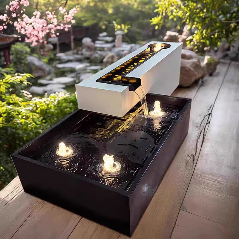 Element decorativ din oțel inoxidabil pentru iaz cu pești — fântână de exterior pentru grădină cu sistem de pulverizare combinat