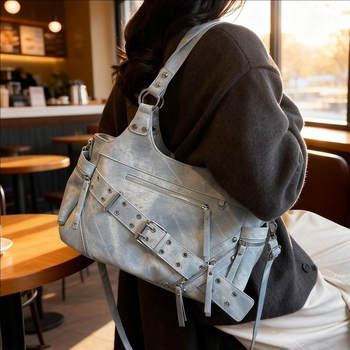 Geantă de damă în stil motocicletă, PU piele, formă orizontală pătrată, fermoar, buzunar interior pentru documente, căptușeală poliester