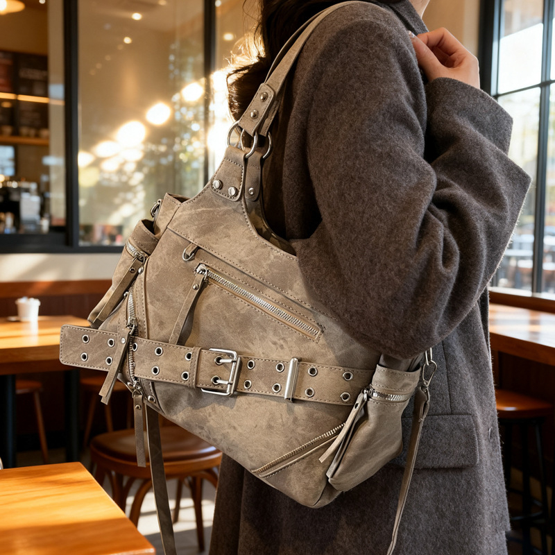 Geantă de damă în stil motocicletă, PU piele, formă orizontală pătrată, fermoar, buzunar interior pentru documente, căptușeală poliester