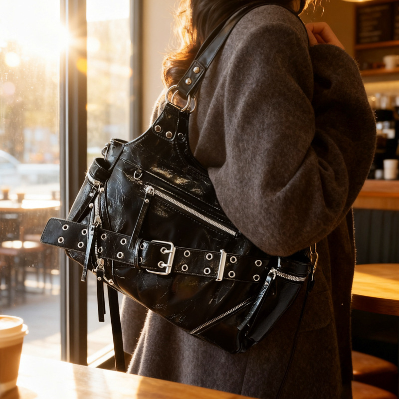 Geantă de damă în stil motocicletă, PU piele, formă orizontală pătrată, fermoar, buzunar interior pentru documente, căptușeală poliester