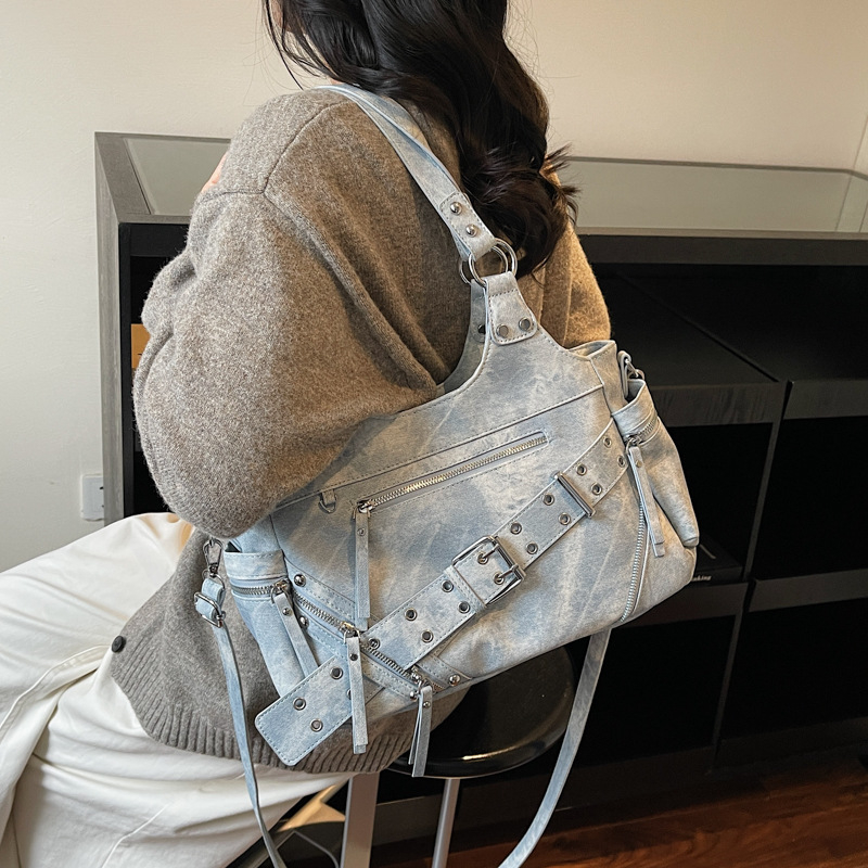 Geantă de damă în stil motocicletă, PU piele, formă orizontală pătrată, fermoar, buzunar interior pentru documente, căptușeală poliester