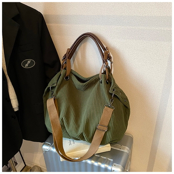 Corduroy tote torba, velika kapaciteta, zatvaranje zipom, unutarnji džepovi (zip džep, džep za telefon)