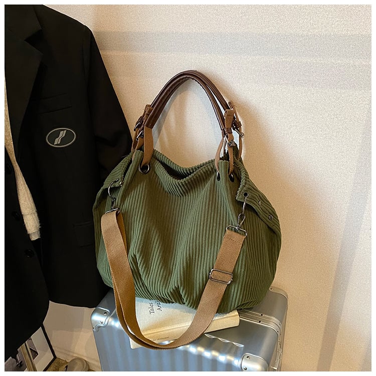 Corduroy tote torba, velika kapaciteta, zatvaranje zipom, unutarnji džepovi (zip džep, džep za telefon)