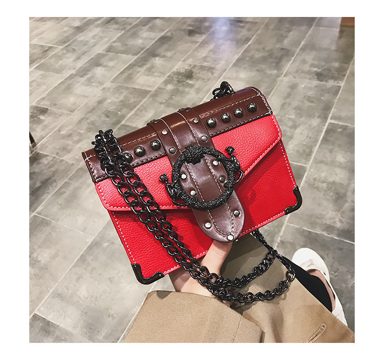 PU torbica za ramena s lančanom ručkom, rivet detalj, kvadratni oblik, korejski stil crossbody
