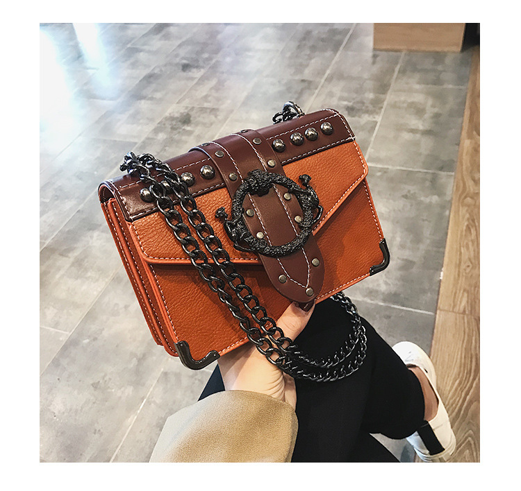 PU torbica za ramena s lančanom ručkom, rivet detalj, kvadratni oblik, korejski stil crossbody