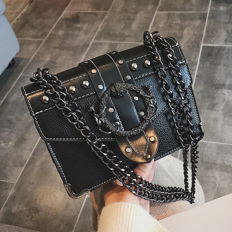 PU torbica za ramena s lančanom ručkom, rivet detalj, kvadratni oblik, korejski stil crossbody
