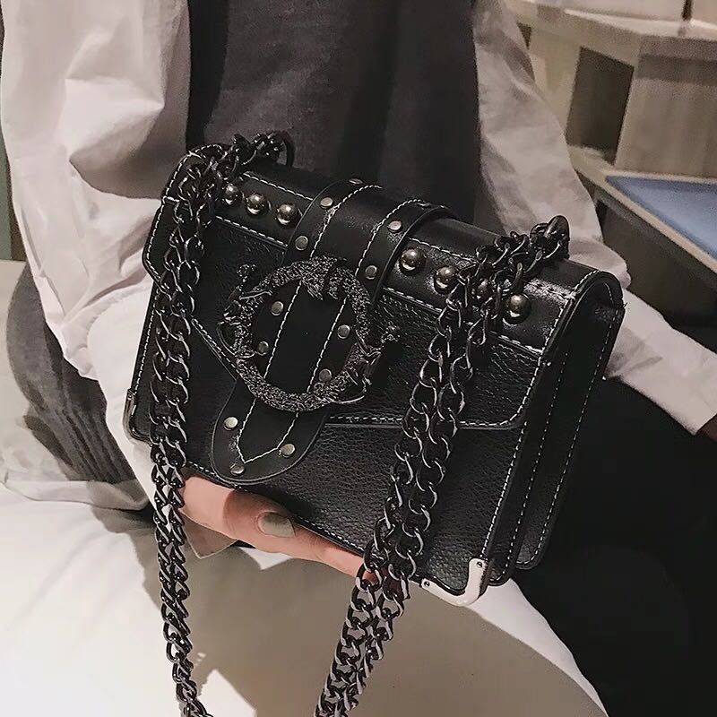PU torbica za ramena s lančanom ručkom, rivet detalj, kvadratni oblik, korejski stil crossbody