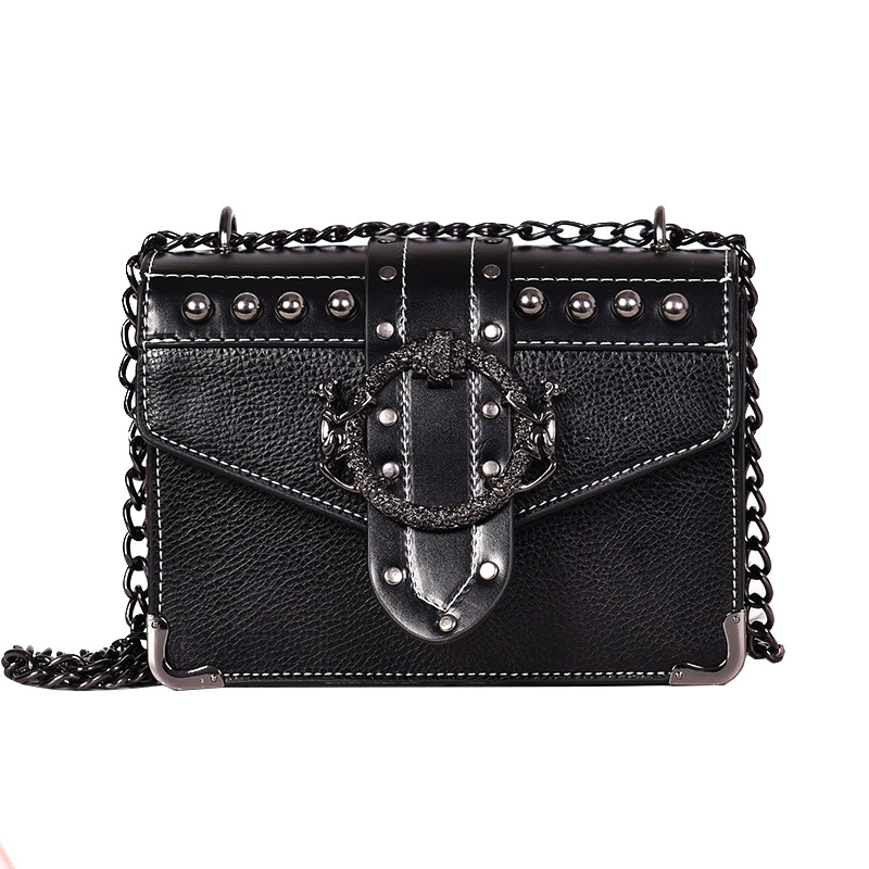 PU torbica za ramena s lančanom ručkom, rivet detalj, kvadratni oblik, korejski stil crossbody