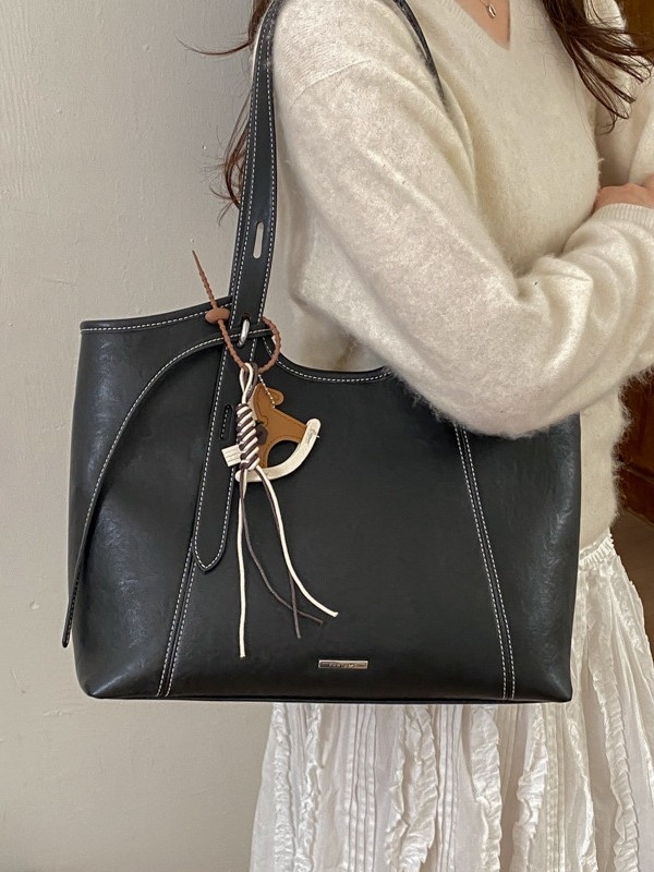 Geantă de umăr bucket din PU, stil urban minimalist, cu fermoar și căptușeală poliester-pamuc