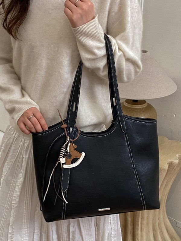 Geantă de umăr bucket din PU, stil urban minimalist, cu fermoar și căptușeală poliester-pamuc