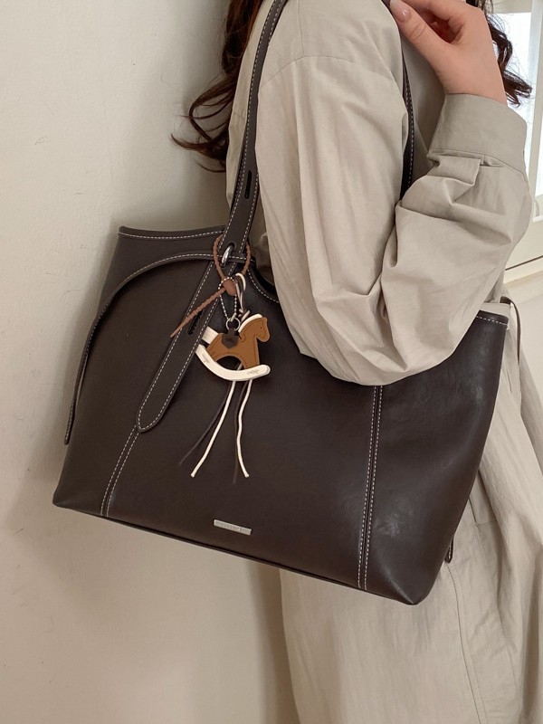 Geantă de umăr bucket din PU, stil urban minimalist, cu fermoar și căptușeală poliester-pamuc