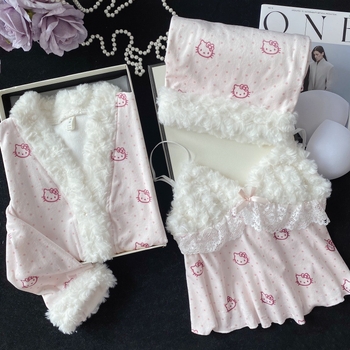 Trojodjelni pidžama set od island velvet materijala, V izrez, dugi rukavi, debeo i topao, 50–70% spandex