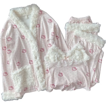 Trojodjelni pidžama set od island velvet materijala, V izrez, dugi rukavi, debeo i topao, 50–70% spandex